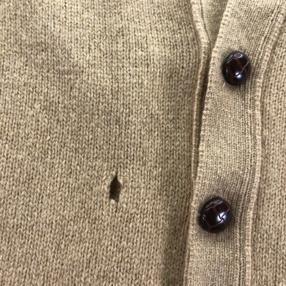 VTG LL Bean Sweater Vest Men Small Virgin Wool Camel Leather Button Cardigan USA